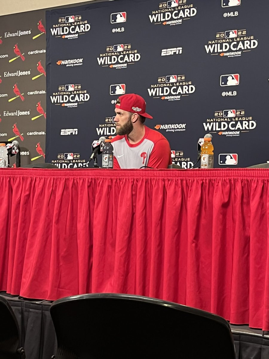 Bryce Harper speaks with the media prior to Game 1.